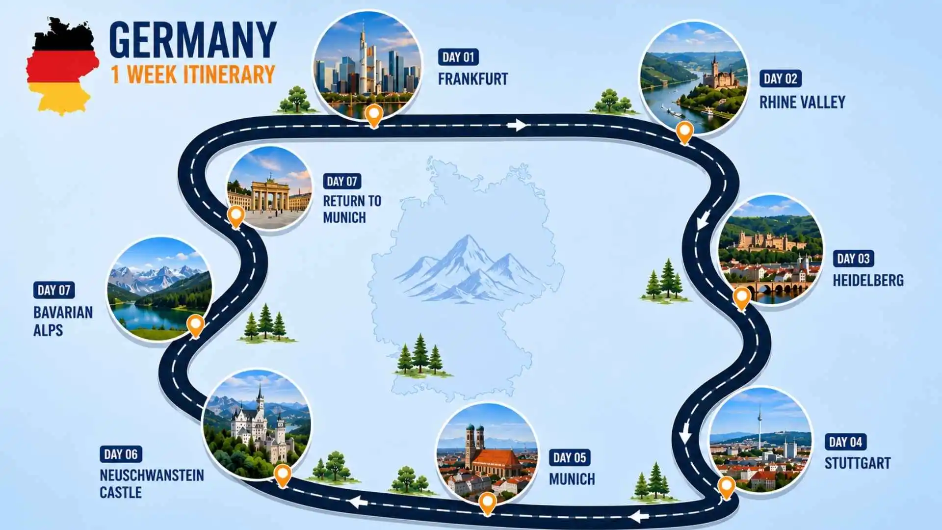 Germany Itinerary for 1 Week – Route Map